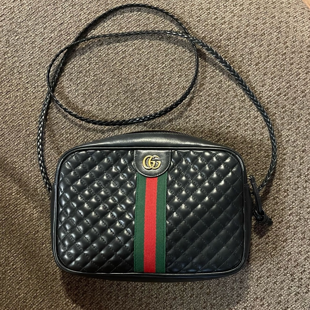 GUCCI Calfskin Web Trapuntata Small GG Shoulder Bag Black